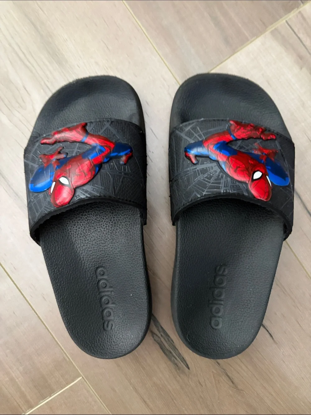 adidas Kids Black Slides with Red & Blue Spider-Man Graphic